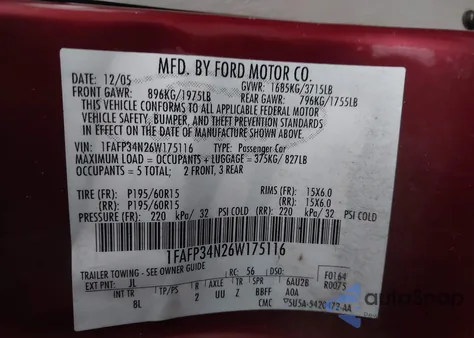 2006 Ford Focus Zx4 from USA, damaged, VIN 1FAFP34N26W175116